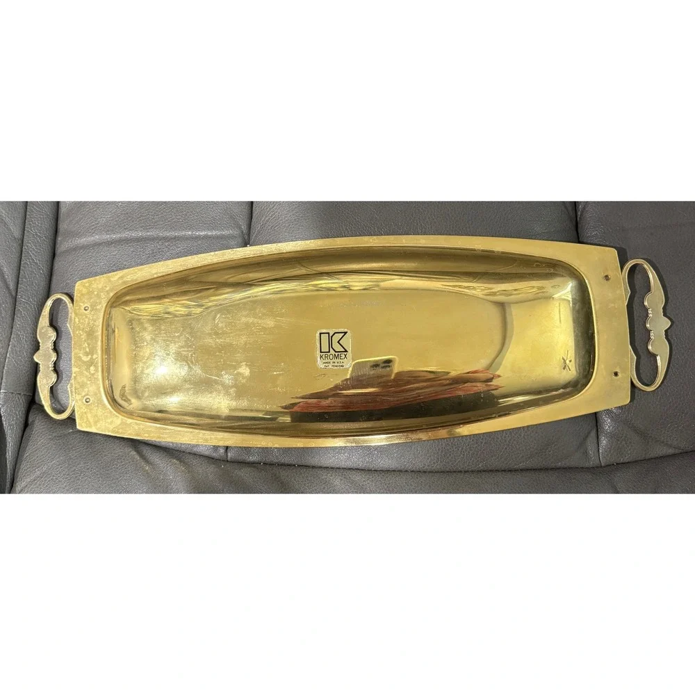 Vintage Kromex Brass Tone Serving Tray Mid Century Modern Scrolled Handles USA